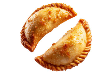 Argentina and Uruguay empanadas stacked in a pyramid, golden baked crust, meat and potato filling, isolated on white transparent background, concept of traditional South American Cuisine