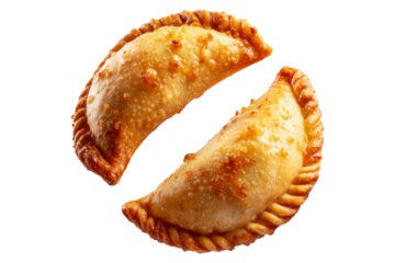 Argentina and Uruguay empanadas stacked in a pyramid, golden baked crust, meat and potato filling, isolated on white transparent background, concept of traditional South American Cuisine