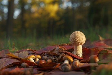 Autumn forest floor with mushrooms and fallen leaves