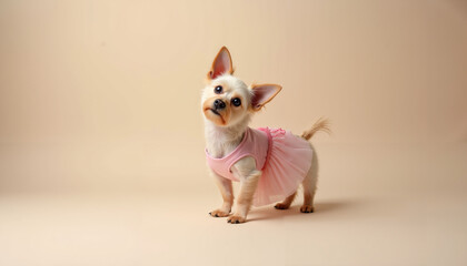 Cute Chihuahua wearing pink dress posing on neutral background  