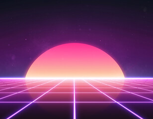 1980s Synthwave Neon Background with Retro Sunset & Laser Grid