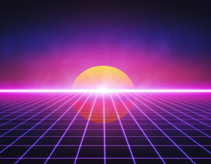 1980s Synthwave Neon Background with Retro Sunset & Laser Grid