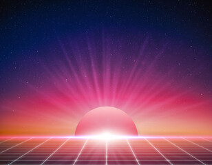 1980s Synthwave Neon Background with Retro Sunset & Laser Grid