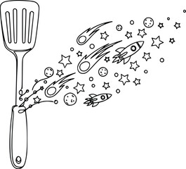 Creative space cooking culinary adventure exploration with spatula stars planets rockets comets