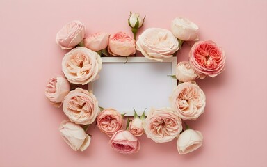 Fototapeta premium Top view of beautiful pink and peach roses framing a blank white card on pink