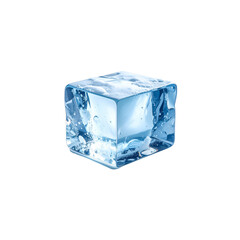 Clear, crystal ice cubes isolated on a white background showing wet reflection and a transparent, solid block of frozen water