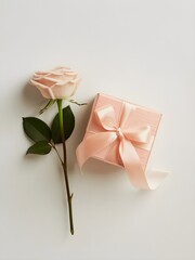 Fototapeta premium Delicate pink rose and small gift box with ribbon isolated on white background