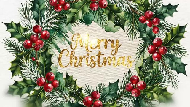 Elegant hand painted botanical animation forming a festive wreath of holly pine berries with gold foil text reveal