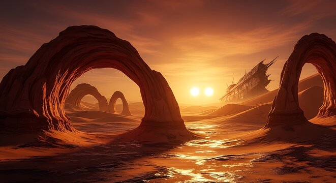 Breathtaking desert landscape with unique rock formations and twin suns, evoking a sense of mystery, adventure, and otherworldly beauty