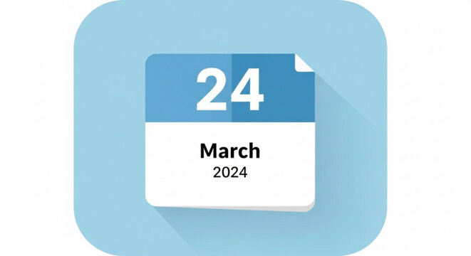 Flat design calendar icon showing the date march 24 2024 with long shadow effect on light blue background for app interface or website element