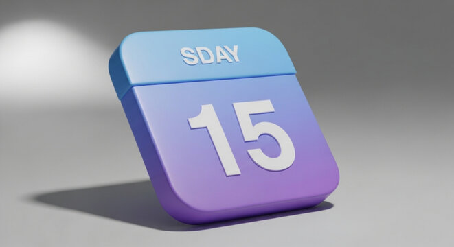 3d rendering of a stylized calendar icon showing the number 15 on a gradient blue and purple block with the text sday on top against a neutral background