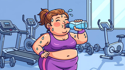 Overweight woman takes a water break during a strenuous workout session at the gym, prioritizing hydration on her fitness journey