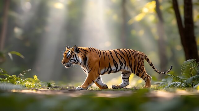 Majestic Bengal Tiger Strolling Through Sunlit Forest, Evoking Wildlife Serenity and Power