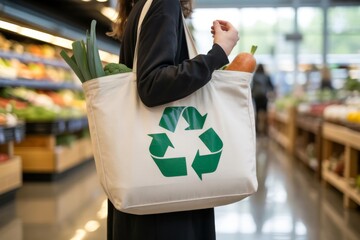 Person carrying reusable grocery bag with recycling symbol in supermarket aisle