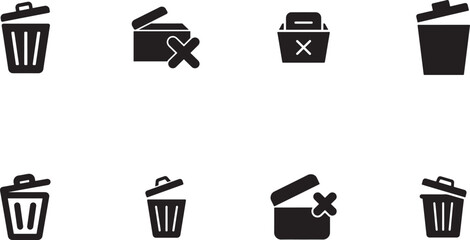 Fototapeta premium Collection of black trash can and recycle bin icons, isolated on white background 