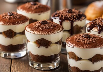 Delicious tiramisu dessert in glasses, layered with cream, coffee-soaked ladyfingers, and cocoa powder