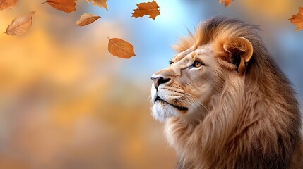 Fototapeta premium Majestic Lion Contemplating the Falling Autumn Leaves in Golden Light Serenity
