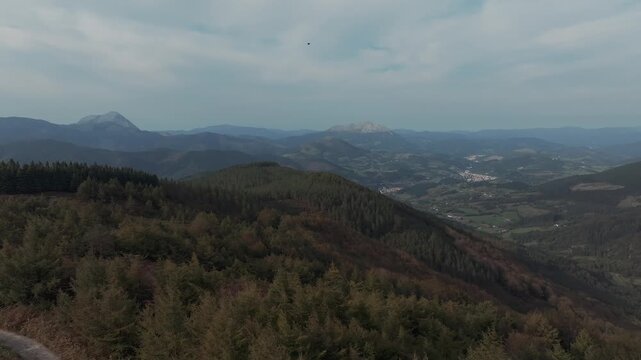 Stunning aerial pullback over the mountain range showing Anboto and Untzilaitz mountains.