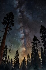 Fototapeta premium Starlit sky above a redwood forest at night