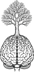 Tree growing out of the human brain representing knowledge growth and mental development