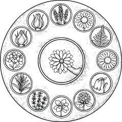 Vintage floral dial illustration featuring an assortment of botanicals and blooms in circular frames