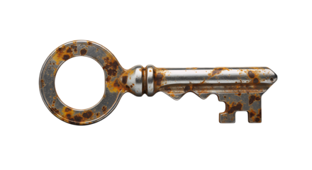 Heavily rusted vintage metal key with a distinct weathered texture and classic ornate design, isolated on transparent background for symbolic and historical projects