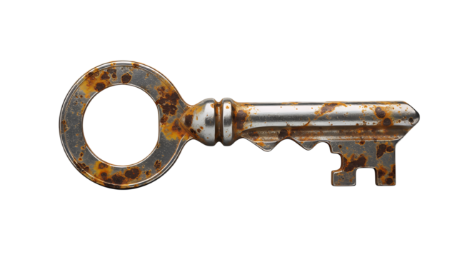 Heavily rusted vintage metal key with a distinct weathered texture and classic ornate design, isolated on transparent background for symbolic and historical projects