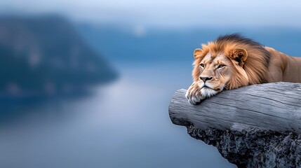 Majestic Lion Resting Peacefully on a Log Overlooking a Serene Blue Landscape Scene