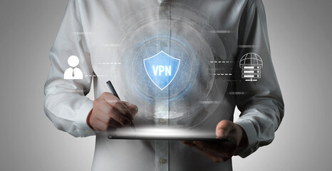 Fototapeta premium VPN security protects network access. VPN security encrypts data, hides identity, VPN security defends traffic, and VPN security secures connection from threats. Vouch