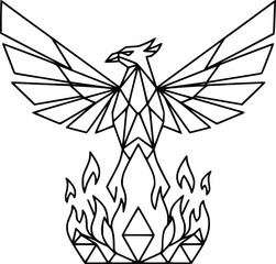 Geometric phoenix rising from flames illustration elegant line art design creation and mythology