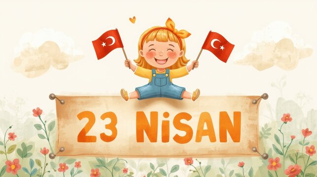 Happy child celebrating april 23rd with turkish flags and flowers