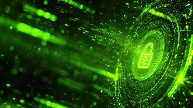 Digital security padlock icon with glowing green cyber network - Powered by Adobe