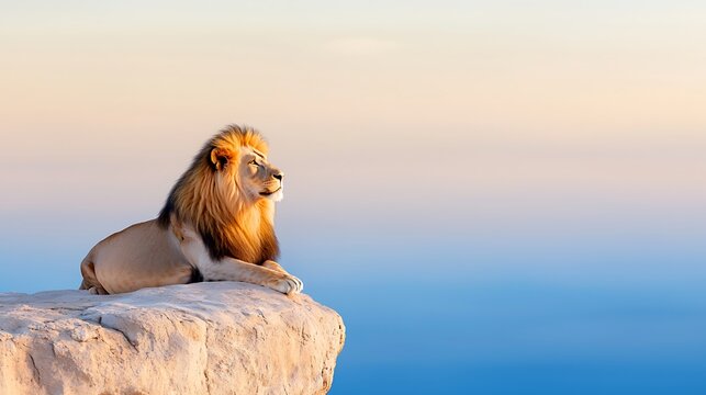 Majestic lion resting on a rock formation against a serene sky background