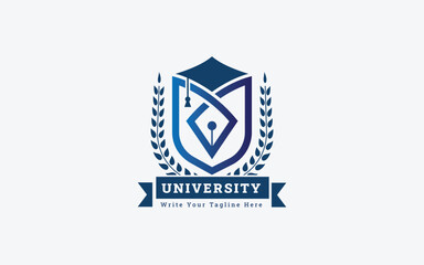 Blue University Shield Logo with Pen Nib and Laurel Wreath Vector Illustration
