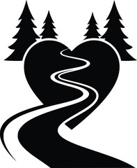 Heart shaped path through a forest landscape with pine trees and winding road