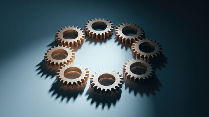 Interconnected golden gears forming a circle, representing teamwork and collaboration. The gears cast dynamic shadows against a textured surface, showcasing movement and mechanics