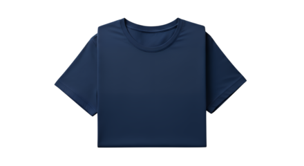 Neatly folded dark blue plain t-shirt, ideal for apparel mockups and product display, free of text or logos, meticulously isolated on transparent background for versatile design use