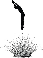Silhouette of a diver plunging into water creating a dynamic splash graphic element
