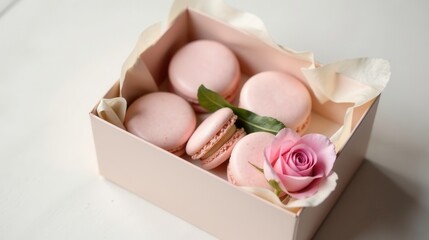 Delightful Pink Macarons in a Pastel Gift Box with a Delicate Rose
