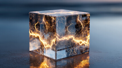 Glowing energy within a crystal cube, creating a captivating visual effect. The cube's surface reflects light, enhancing its ethereal quality