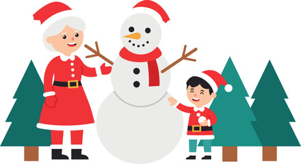 Mrs. Claus is playing with children and snowman