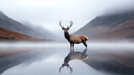 Majestic Stag Reflection: A Serene Landscape in the Scottish Highlands