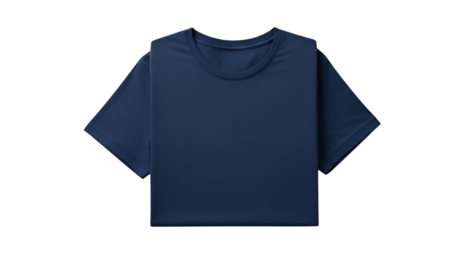 Neatly folded dark blue plain t-shirt, ideal for apparel mockups and product display, free of text or logos, meticulously isolated on transparent background for versatile design use