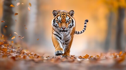 Majestic tiger prowling through a vibrant autumn forest with falling leaves around it