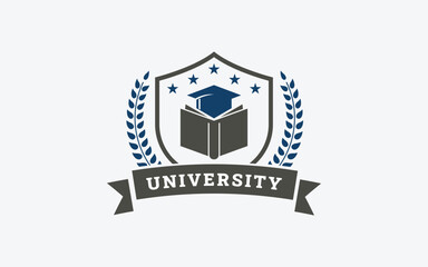 Classic University Book and Shield Logo with Stars Vector Illustration.