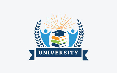 Happy Students Graduation University Logo with Sunburst and Books Vector Illustration