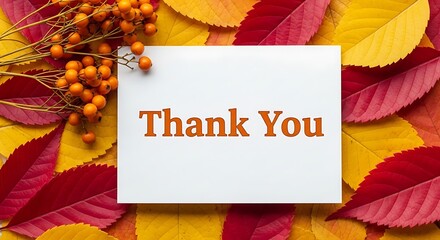 Thank you card on a vibrant autumn background with colorful red and yellow leaves and bright orange berries, symbolizing gratitude and seasonal warmth.