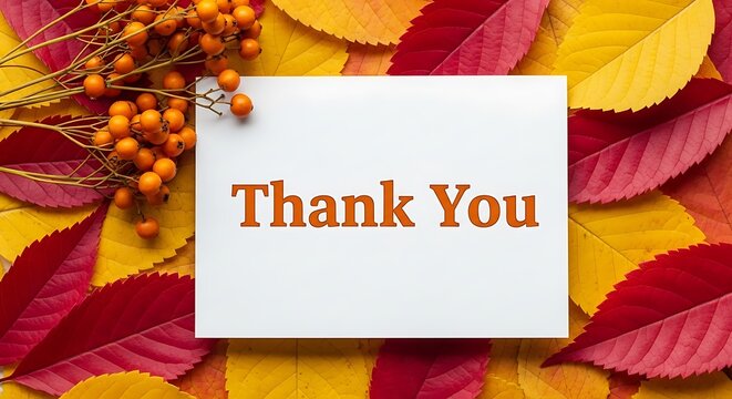 Thank you card on a vibrant autumn background with colorful red and yellow leaves and bright orange berries, symbolizing gratitude and seasonal warmth.