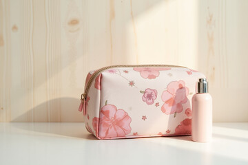 Floral pink cosmetic bag with bottle on wooden background  