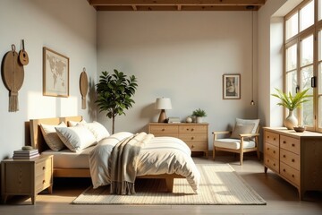 Obraz premium Serene Bedroom Sanctuary Light-filled space with wooden furniture, plush bedding, and calming natural elements creates a peaceful atmosphere.